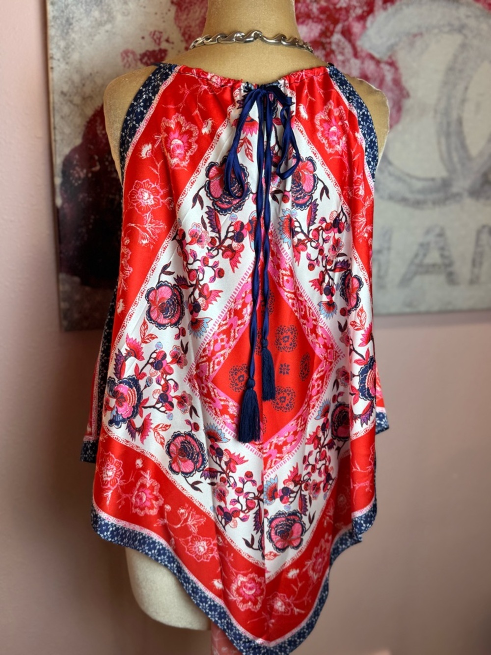 Women Red Floral Hankerchief Halter Top - Picture 3 of 9